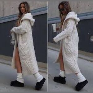 Zara Off-White Hooded Knit Cardigan